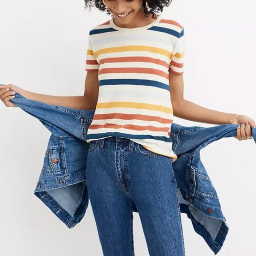 Madewell LoFi Shrunken Striped Whisper Tee T Shirt Navy Mustard Gold size XS - Picture 7 of 9